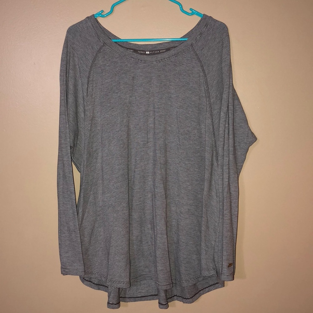 Tommy Hilfiger Grey and White Horizontal Striped Sweater, Size XL Women's